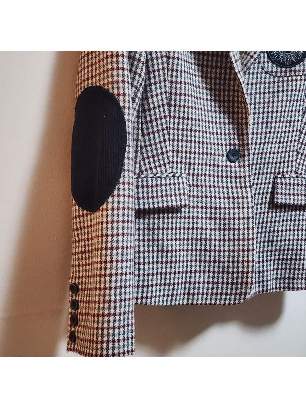 Vintage U blazer houndstooth blazer jacket color burgundy and cream size 38/xs - Picture 2 of 6